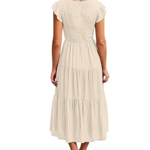 #16NWT Merokeety Light Beige Midi Dress Smocked Top Flutter Sleeves Size XL - Picture 2 of 3